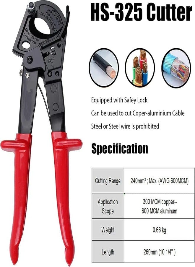 HELLARO قاطع أسلاك وكابلات HALLARO ذو آلية تروس، وقاطع أسلاك وكابلات نحاسية وألومنيوم شديد التحمل لقطع الأسلاك الكهربائية حتى 240 مم²، كماشة قطع - Image 4